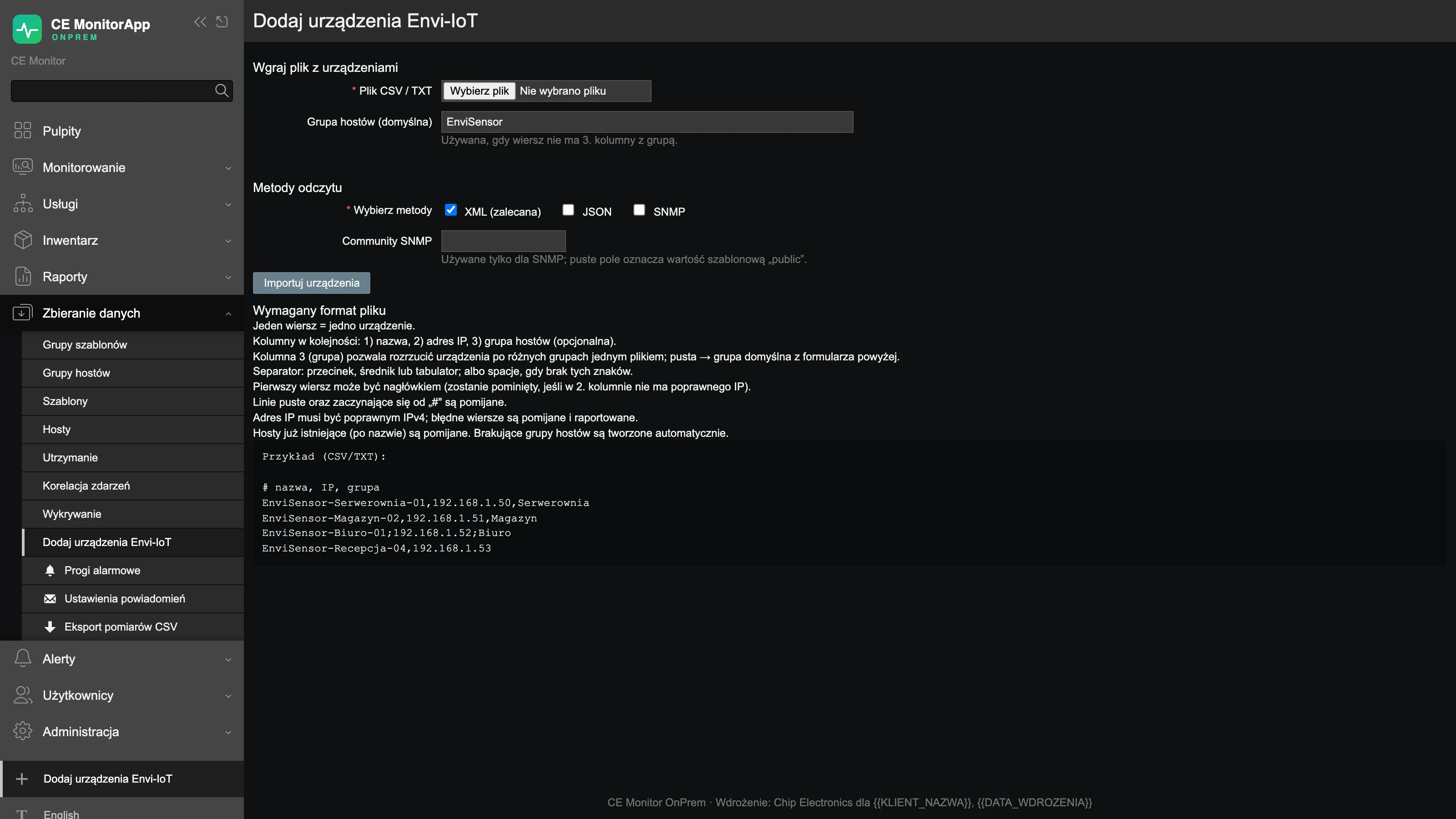 Dodawanie urządzeń EnviSensor w CE Monitor OnPremise/Local