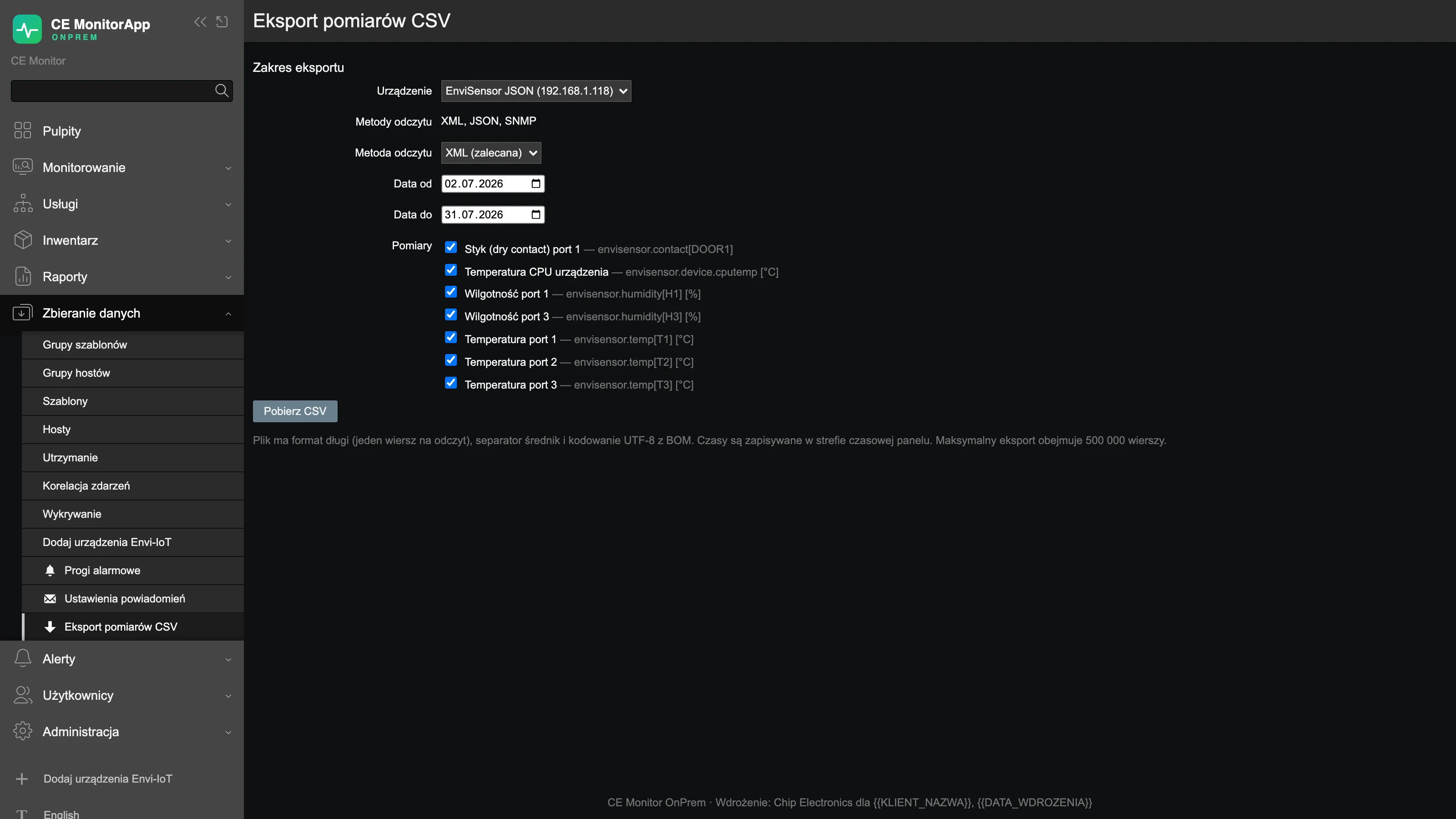 Eksport pomiarów do CSV w CE Monitor OnPremise/Local