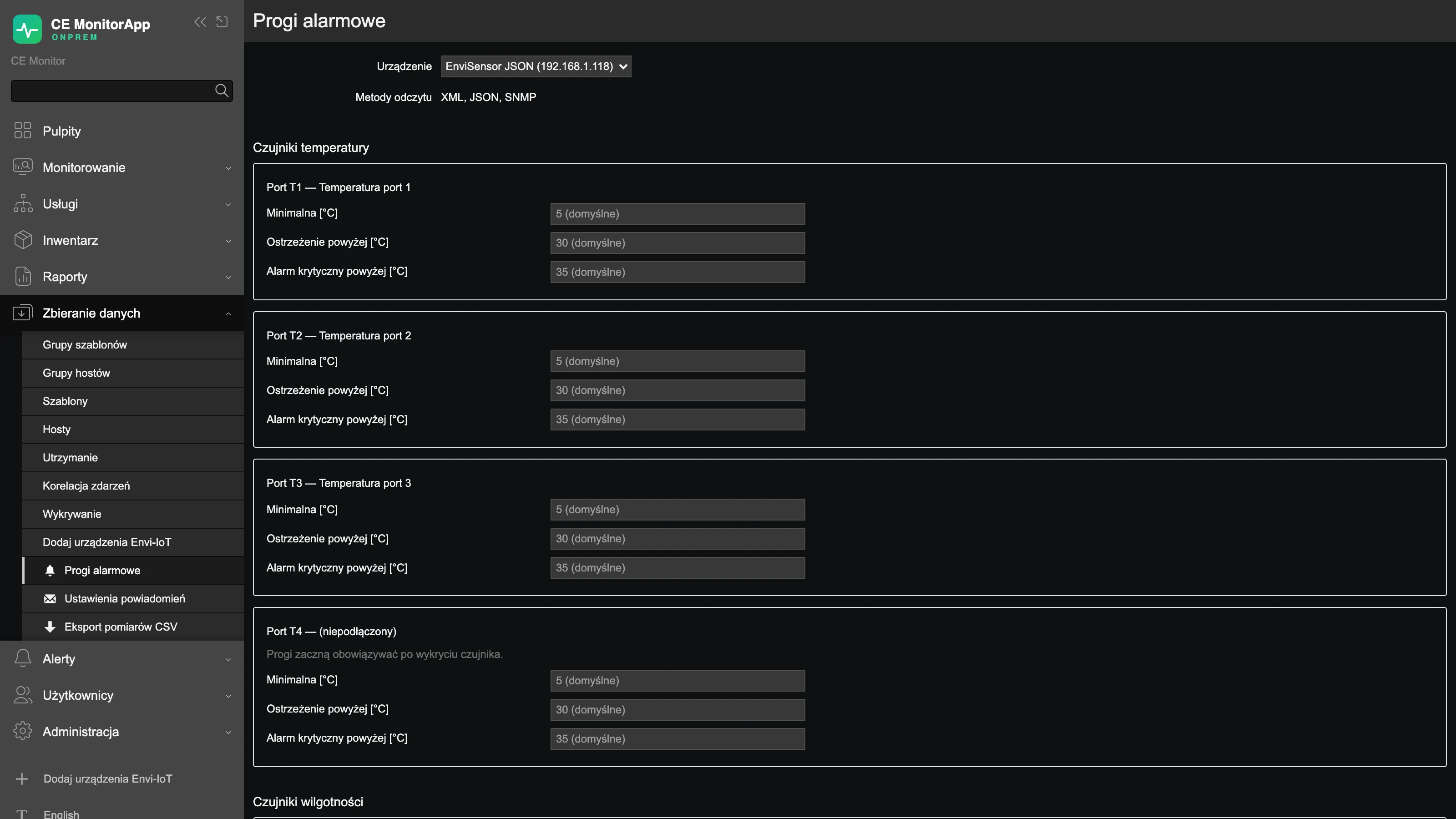 Konfiguracja progów alarmowych w CE Monitor OnPremise/Local